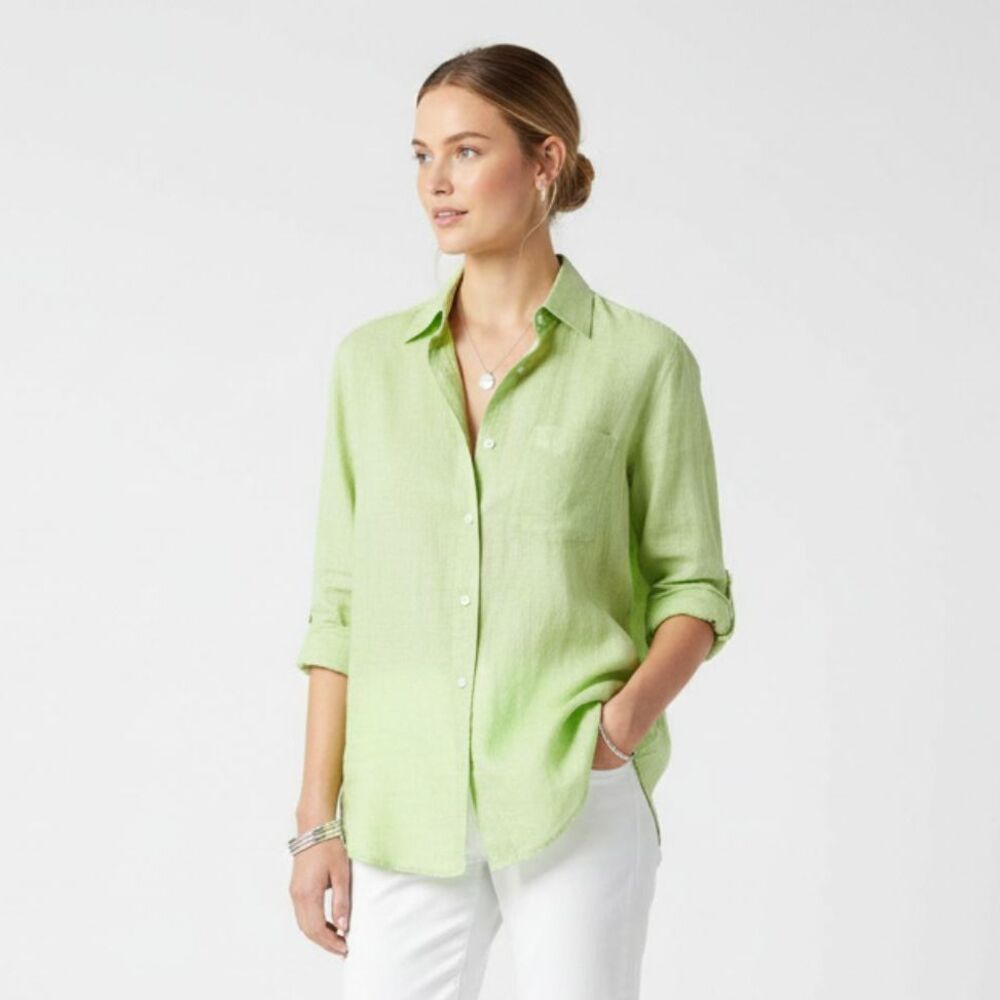 Banana Republic 100% Linen Green Button Front Long Sleeve Blouse Top L